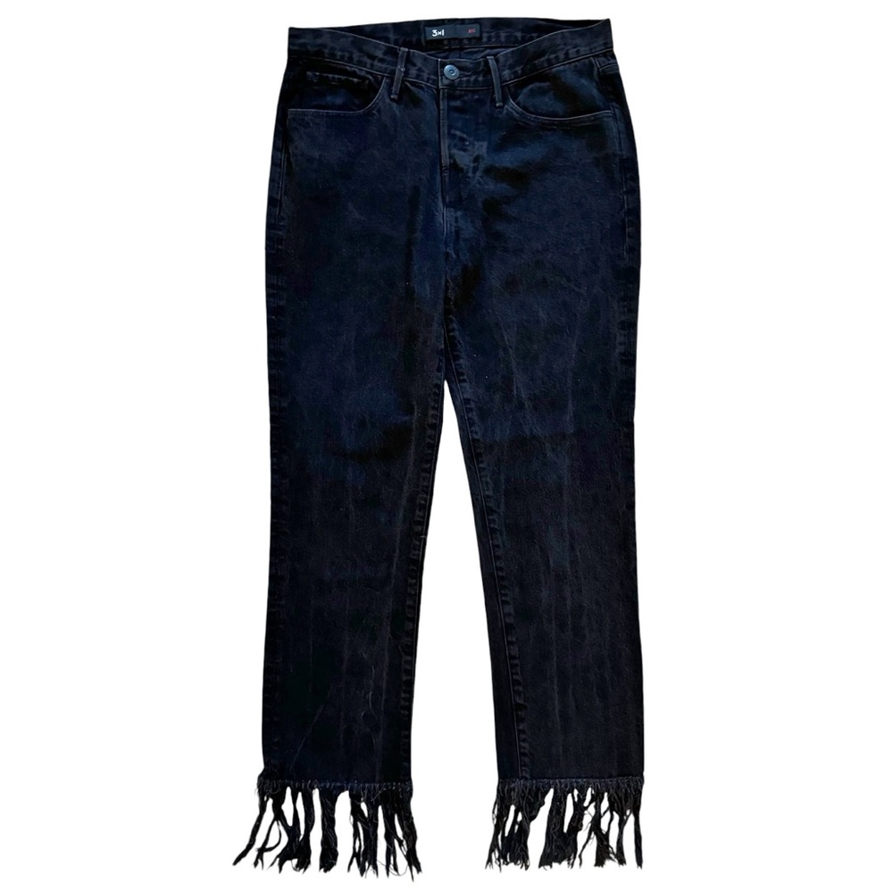 3x1 NYC Wm3 Crop Fringe Jeans Black Mamba Size 27 Button Fly Cotton 25” Inseam